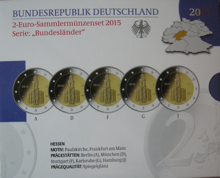 (afbeelding voor) 2 Euromunt Duitsland 5x 2015 Hessen Pauluskerk Proof A-D-F-G-J